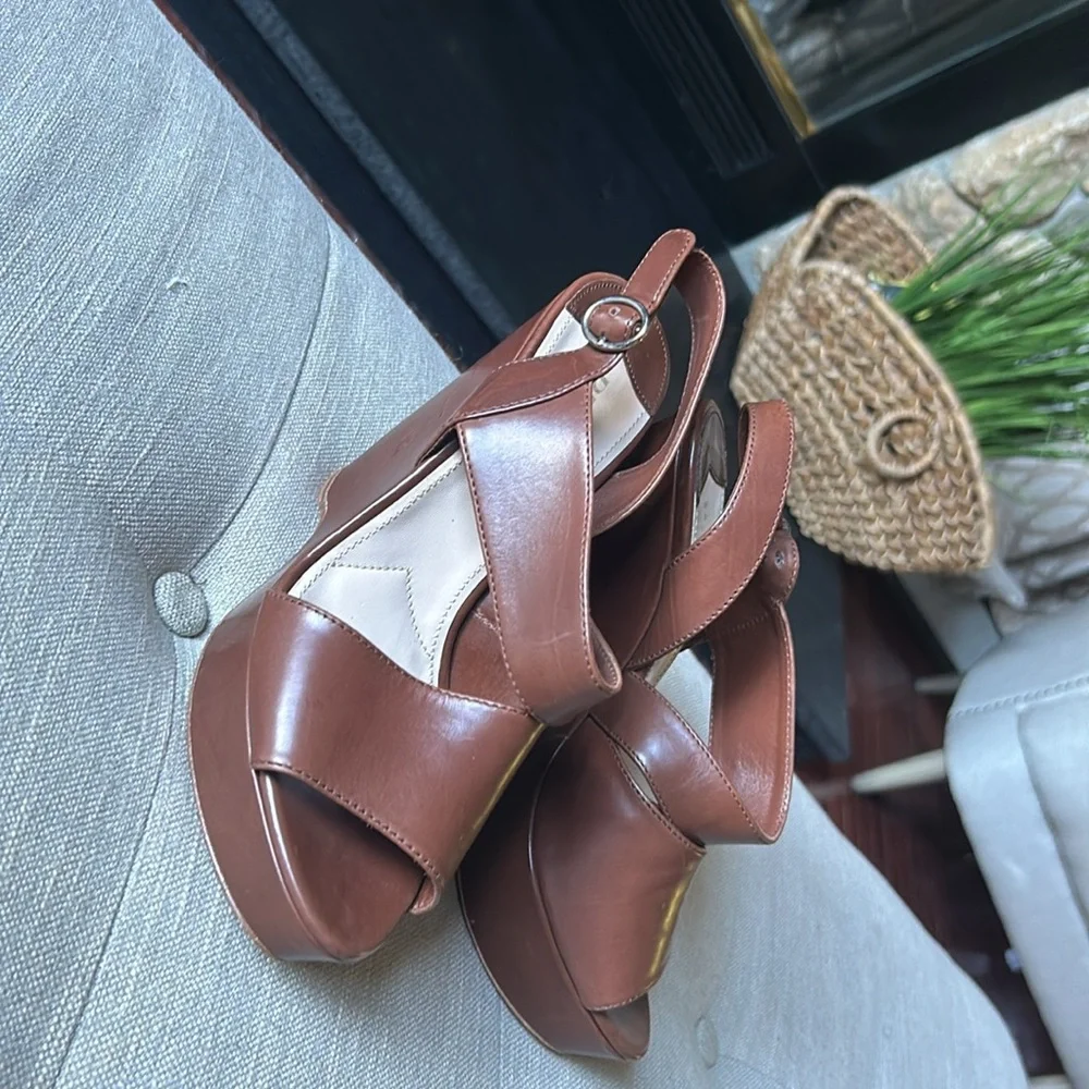 Prada Asymmetric Calfskin Wedge Sandal, Brown